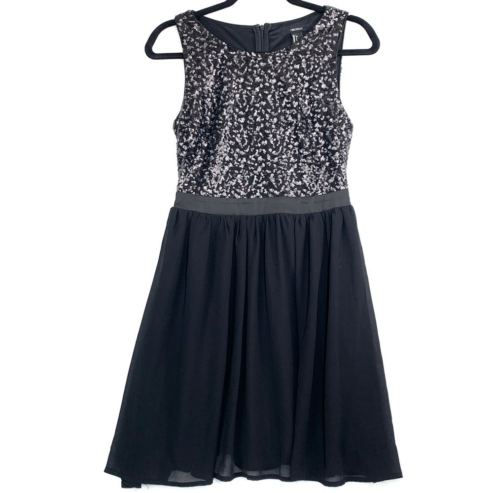 Forever 21 Sequin & Chiffon Fit & Flare Mini Dress - Black/Silver, Size Small